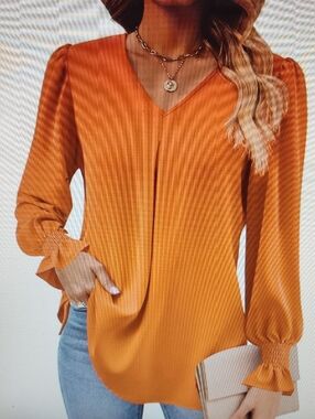 Women's Rust Orange V-Neck Long Sleeve Blouse with Ruffle Cuffs